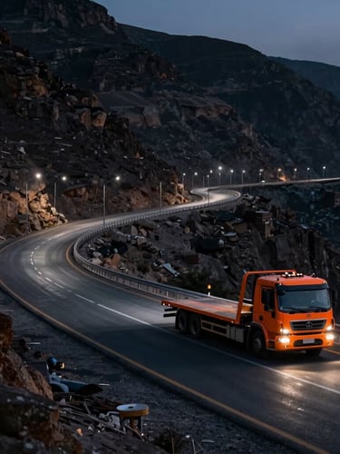 Wide panoramic shot of Al-Hada mountain road in Taif at twilight, winding highways with glowing streetlights, a professional orange towing flatbed truck parked safely on the shoulder, atmospheric deep shadows.