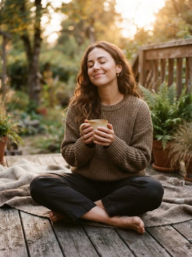 Warm editorial photography of a woman sitting cross-legged on a wooden deck, eyes closed, holding a warm mug, soft golden-hour natural light, shallow depth of field, 35mm film.