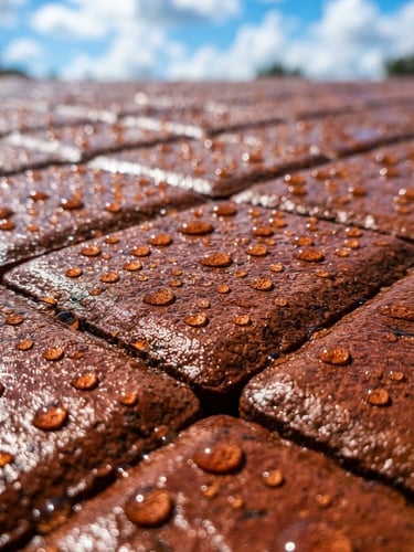 Close-up of water beading on freshly sealed, rich-colored brick pavers under bright Florida sunlight, sharp focus, high-contrast, vivid blue skies, 35mm