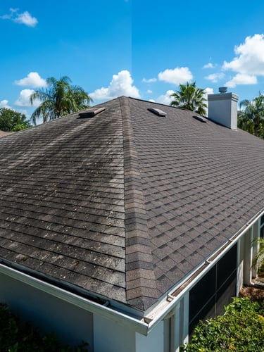 Dramatic before-and-after split image of a residential shingle roof, left side covered in black algae and dirt, right side sparkling clean and new, bright Florida sunlight, vivid blue sky, sharp focus, high-contrast, 35mm
