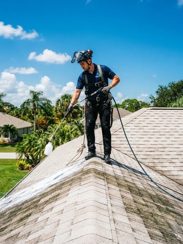 Professional technician safely soft-washing a residential roof, low angle, bright Florida sunlight, vivid blue sky, clean uniform, protective gear, crisp commercial outdoor photography, sharp focus, high-contrast, 35mm