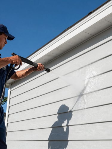 Close-up, low-angle shot of a pressure washing technician in uniform carefully soft washing a house siding, showing the gentle stream and clean surface, bright Florida sunlight, crisp shadows.
