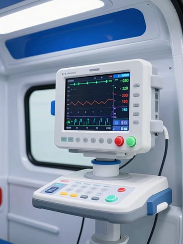 Medium close-up of a modern high-tech ICU ambulance interior, illuminated by clean clinical light, showing advanced medical monitors with vital signs, deep blue and red accents, sharp focus, premium medical environment, 35mm