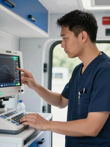 A focused clinical doctor in a professional navy blue uniform checking a medical monitor inside an ambulance, warm natural light, professional clinical photography, 35mm