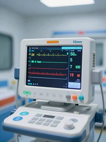 Close-up of a high-tech medical monitor inside an ICU ambulance, displaying vital signs with soft clinical lighting, deep blue and red accents, sharp focus, 35mm