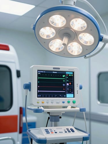 Medium close-up of a state-of-the-art medical monitor showing vital signs inside a modern, clean ICU ambulance, bright clinical light, deep blue accents, professional clinical photography, 35mm