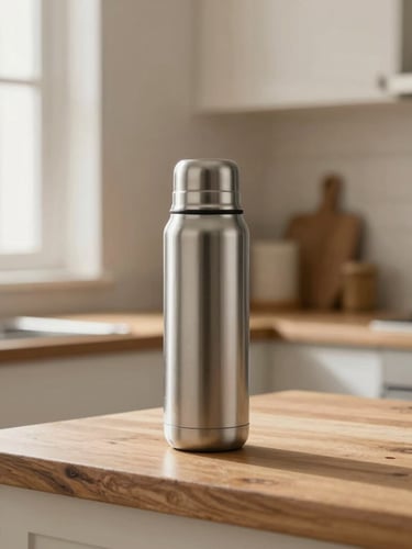 A stainless steel thermos standing on a rustic wooden counter, soft morning daylight filtering through a window, warm minimalist kitchen background with neutral earth tones, 35mm lens