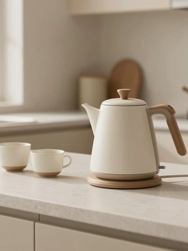 Warm lifestyle product photography of a clean kitchen counter, soft morning daylight, neutral earth tones, a minimal electric kettle and ceramic cups, 35mm lens
