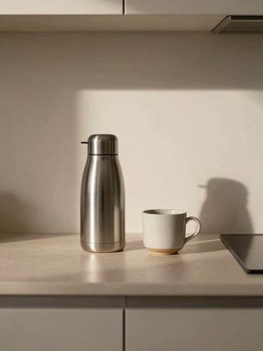 A warm minimalist kitchen counter with a sleek stainless steel thermos next to a ceramic cup, soft morning daylight, neutral sand tones, 35mm lens