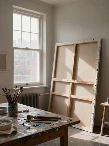 Wide environmental shot of a painter's studio interior, afternoon window light falling across a large canvas leaning against the wall, brushes and paint-stained rags on a wooden table in the foreground, no person present — the built environment of creative practice, north-facing light, quiet and specific