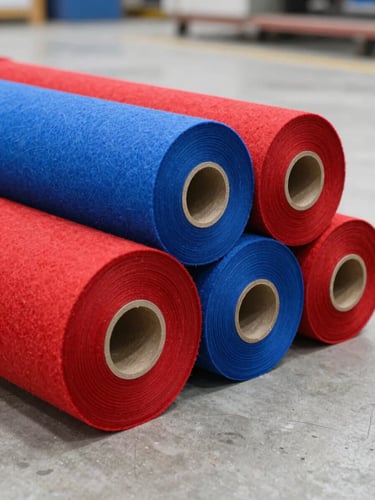 Macro photograph of vibrant, precision-cut red and blue synthetic felt rolls stacked on a clean concrete factory floor, bright industrial daylight, sharp depth of field