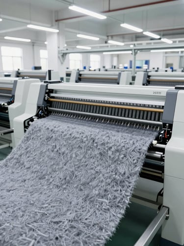 Wide panoramic shot of an organized modern factory floor with high-speed needle-punching machines processing vibrant gray synthetic felt fabric, bright clean industrial lighting