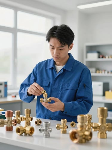 A professional technical director in a clean blue uniform inspecting high-end brass and copper plumbing fittings in a bright, clean utility room, natural daylight, 35mm