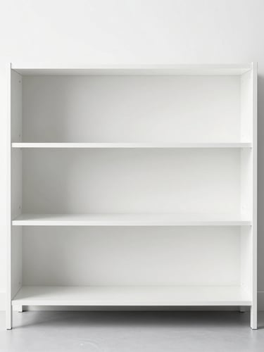 Straight-on orthographic shot of a modular kitchen shelving system, clean white background, bright high-key morning daylight, sharp focus, 50mm