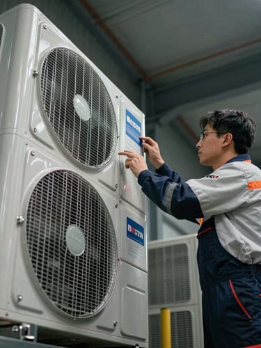 Dramatic low-angle shot of a technician in branded Besta gear inspecting a heavy HVAC system, metallic reflections, sharp focus.