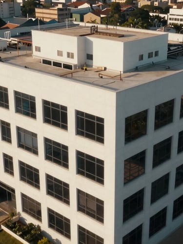 High-angle industrial photograph of a clean, modern corporate office building in Lagos with sharp architectural lines, dramatic afternoon sunlight casting long shadows.