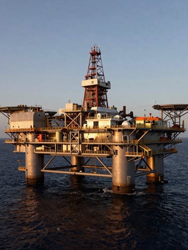 Dramatic wide angle of an offshore oil platform in the Gulf of Guinea at dusk, warm metallic reflections on steel structures, deep dark ocean background.