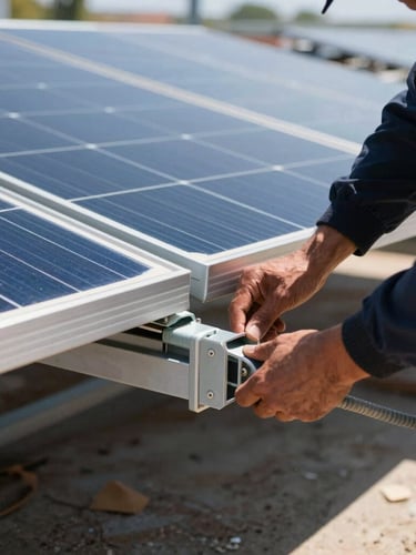 Close-up of industrial solar panel installation in progress, a technician in safety gear securing heavy-duty mounting brackets under direct sunlight