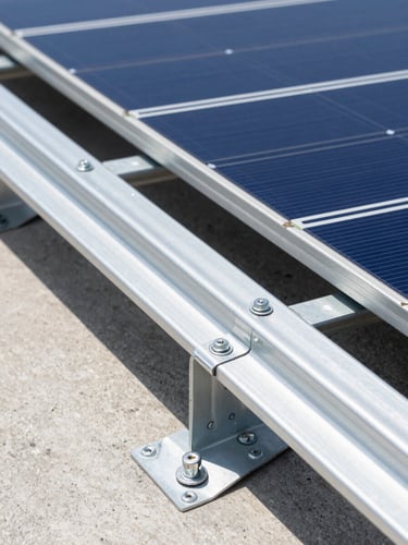 Close-up shot of heavy-duty aluminum solar racking anchored to concrete, showing clean stainless steel fasteners and neat conduit runs under bright midday sun