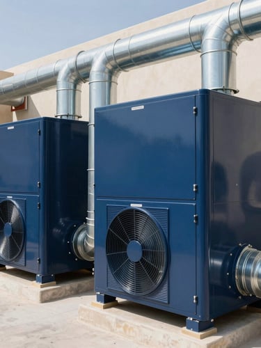 A clean commercial HVAC system plant room in Doha, bright daylight illuminating polished steel ductwork, navy blue and silver accents, sharp focus.