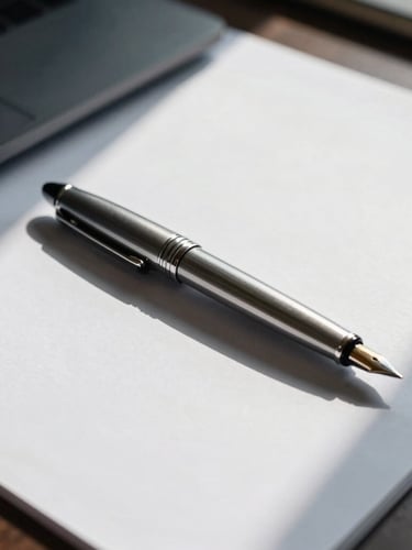 A clean executive workspace with a silver fountain pen resting on heavy textured paper, sharp daylight, cool silver tones, deep navy shadows.