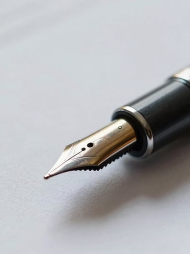 Macro close-up of a heavy silver fountain pen resting on a clean, thick cotton paper document, soft shadows, cool natural lighting.