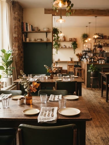 Warm, inviting cafe interior with soft natural light, empty tables set for dining, coffee brown and dark green accents, wide shot.