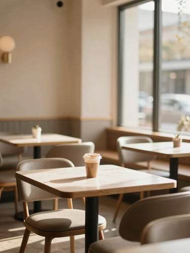 Warm, sunlit interior of a modern cafe, empty dining tables arranged invitingly, soft window light, rich cream and coffee tones.