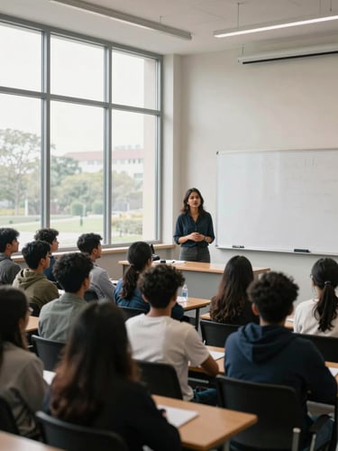 Wide shot of a modern lecture hall, Mansi at the front addressing engaged students seated in rows — north-facing daylight through tall windows, her posture commanding, a whiteboard with a visible framework behind her, shot from mid-room at eye level