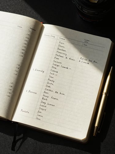 Close overhead shot of an open strategy notebook on a dark desk, precise handwritten content pillars and narrative columns mapped in structured rows, a gold pen resting at the edge, north-facing daylight creating clean precise shadows, ink tones dominant