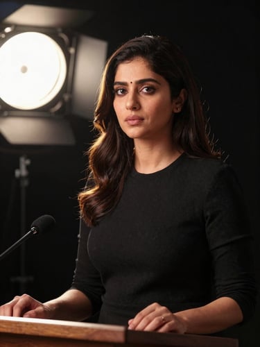 Tight portrait of Mansi Sharma at a speaking podium, hands resting intentionally on the surface, direct gaze slightly off-camera, controlled studio-quality light from the left casting clean definition, black backdrop, gold edge-light catching her shoulder