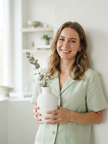 Portrait of a stylish woman wearing a light green blouse, holding a modern white ceramic vase, soft natural morning light, clean minimalist setting, 35mm lens, light green and white tones.