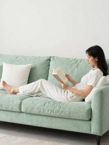 Wide portrait of a modern living room corner with a light green sofa, white throw pillows, and a stylish woman casually reading a book, soft natural morning light, clean minimalist setting, 35mm lens, light green and white tones.