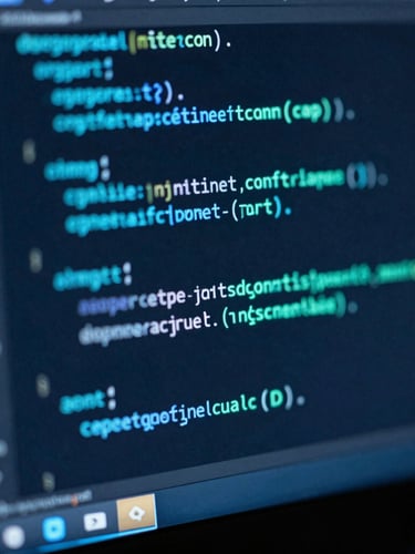Macro close-up of clean code on a dark monitor, neon-cyan highlights, low-key ambient studio lighting, high-contrast, shallow depth of field