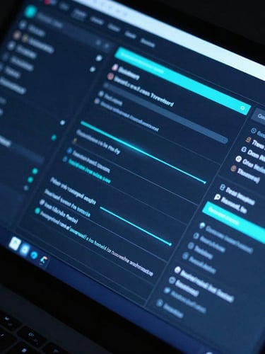 Sleek tech photography, low-key ambient studio lighting, macro shot of a complex software interface on a dark screen with neon-cyan accents.