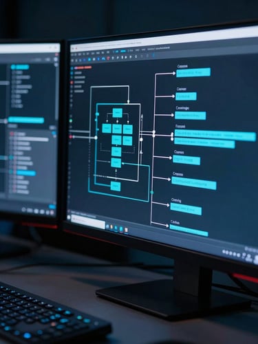 Sleek tech photography, close-up of developer workspace, sharp neon-cyan light reflecting on clean monitors displaying architectural data pipelines, high-contrast.