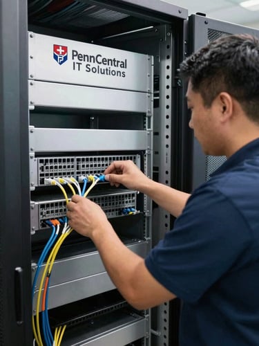 Medium shot of a Penn Central IT Solutions technician meticulously organizing structured cabling in a clean server rack, neutral white utility lighting, cool steel and deep navy tones, sharp focus.