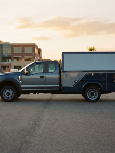 Branded Penn Central IT Solutions service truck, clean, modern, parked on a paved lot at golden hour, low angle, showing side profile, cool steel and deep navy tones, sharp focus, 35mm lens