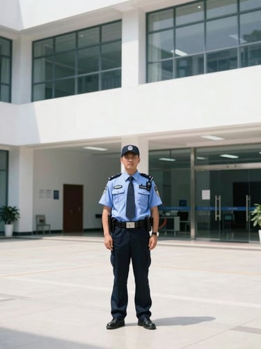 Sharp editorial photography of a professional security operations officer in a clean, high-contrast commercial building lobby, bright daylight, cool tones, 35mm.