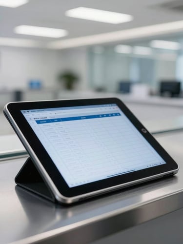 Crisp close-up of a security tablet showing a checklist on a sleek metal counter, bright commercial interior lighting, sharp focus, cool slate tones, 35mm