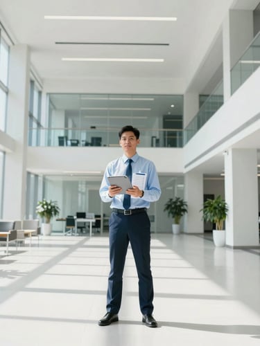 Wide-angle crisp editorial photograph of a professional facility manager in a clean, high-contrast modern corporate lobby, holding an iPad with checklists, bright daylight, cool tones.