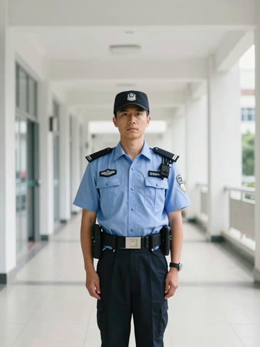 Medium shot of a professional uniformed security officer standing at attention in a bright commercial corridor, looking focused, crisp daylight, high-contrast cool tones, 35mm