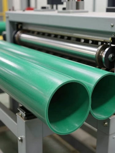 Industrial extrusion machinery in a modern factory extruding flat drip irrigation pipes, bright technical lighting, sharp focus on the green polymer pipe, 35mm lens
