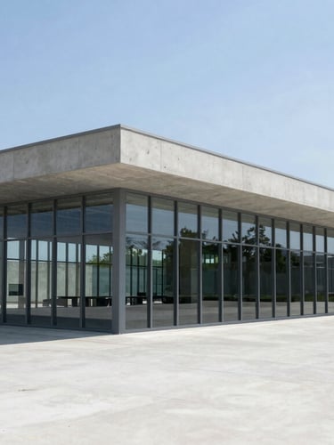 Wide-angle architectural daylight photography of a modern concrete and glass commercial pavilion, sharp geometric shadows, minimal composition, crisp daylight, high-contrast cool tones, 35mm