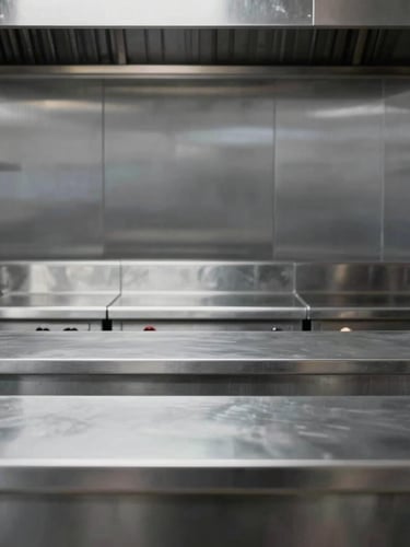 Sharp architectural photography of a commercial kitchen line, stainless steel counters, high-contrast daylight, minimal composition, 35mm