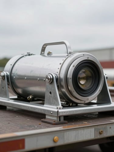 Tight macro shot of secured industrial cargo and steel rigging on a flatbed trailer, overcast daylight, metallic silver details.