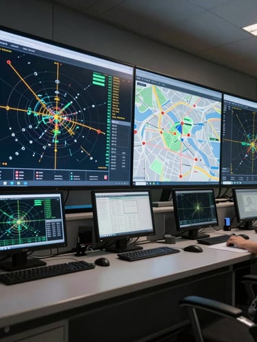 A modern logistics control room with glowing data screens displaying real-time coordinate-level tracking maps, dramatic low-sun lighting