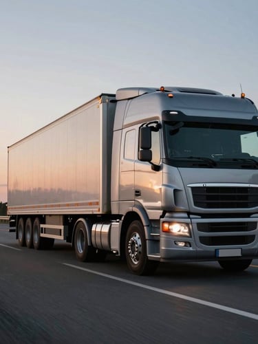 Cinematic wide-angle shot of a metallic silver late-model semi-truck moving at twilight on an open highway, long exposure tail lights, clean lines.