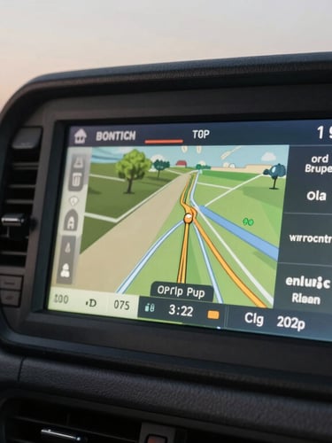 Close-up macro shot of a modern truck dashboard and glowing GPS navigation screen displaying optimized route coordinates, twilight lighting