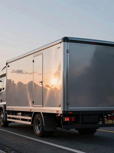 Cinematic wide-angle shot of a premium enclosed multi-car vehicle carrier on a mountain highway at twilight, metallic silver reflections, low horizon.